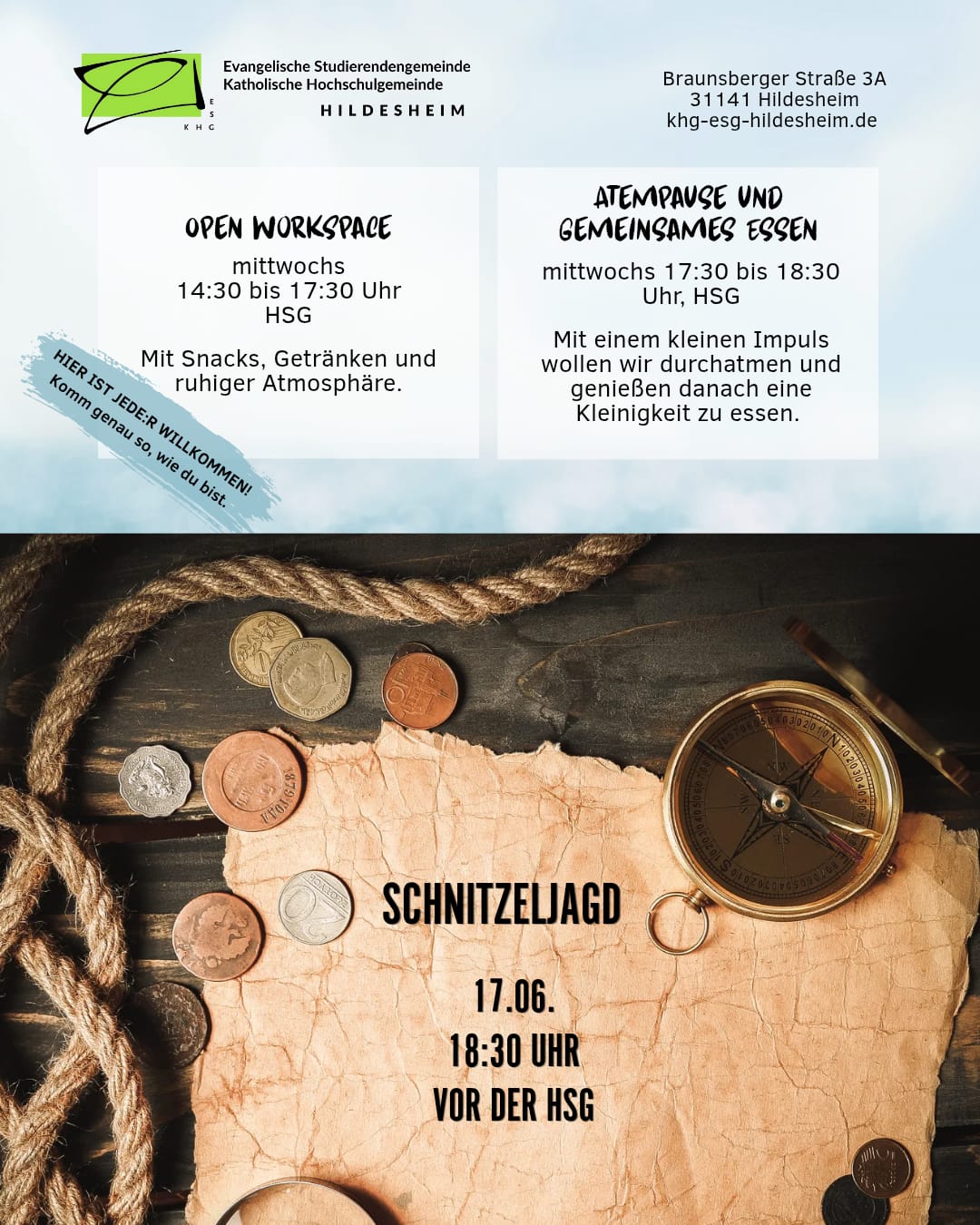 Schnitzeljagd auf der Marienburger Höhe! Start um 18:30 an der Hochschulgemeinde, zum Abschluss Schokobananen am Lagerfeuer